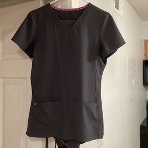 Grey scrub top and buttons